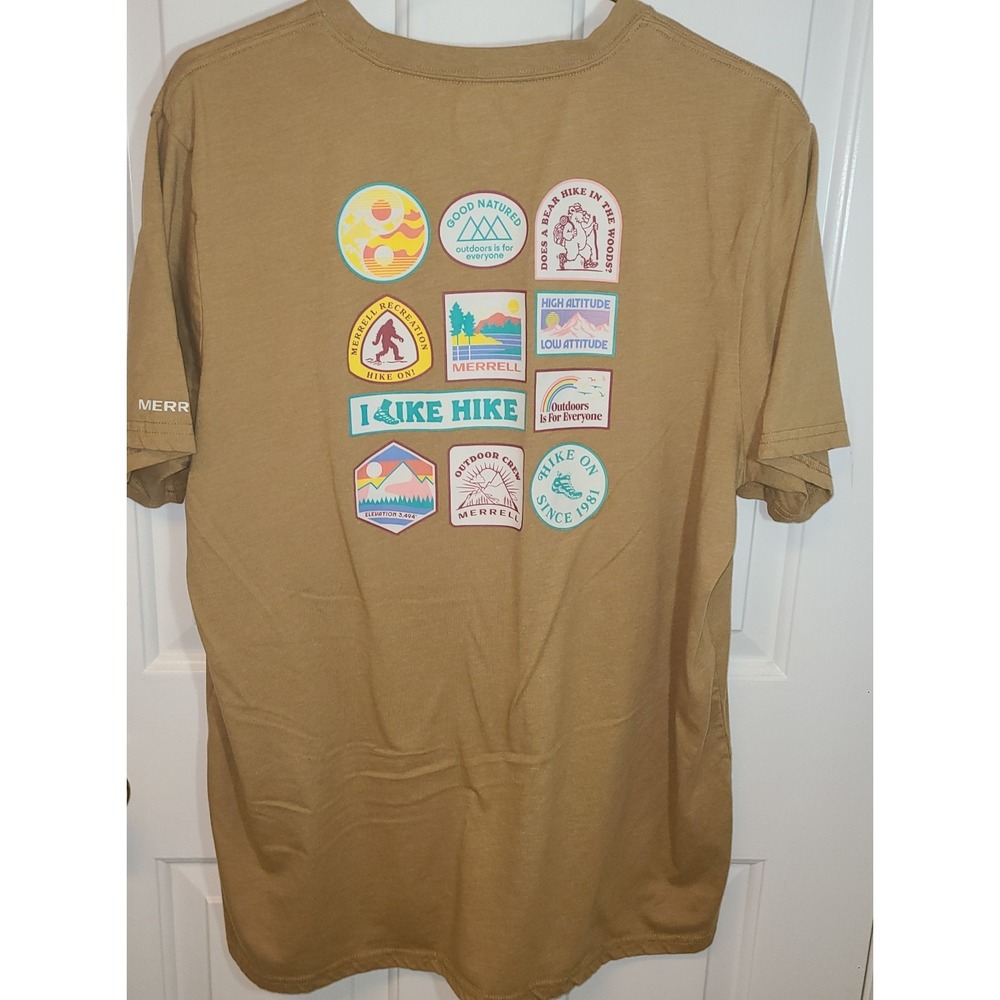 Merrell Men's XL Hike Patches Short Sleeve T Shirt Tan Outdoor Keep on Walking
